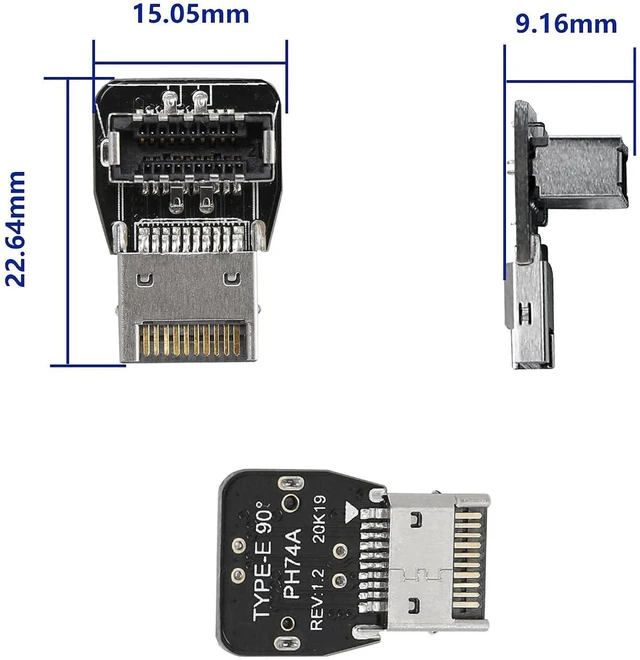 Alt view image 5 of 7 - AJMRTC 90 Degree USB Type E Adapter, Up Angle USB 3.2 Type E Male to Female Converter, Right Angle Front Panel Internal Connector for Desktop PC Motherboard Case Wiring Space Saving