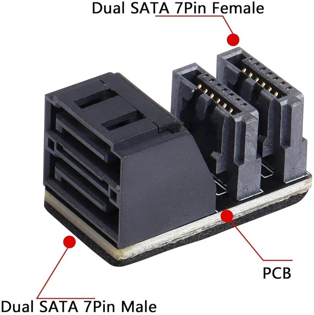 Alt view image 7 of 7 - AJMRTC 90 Degree Dual SATA 7PIN Male to Dual Female Adapter, Right Angle SATA Splitter Connector, Low Profile SATA Extension Converter for Slim Motherboard, SSD, HDD, Internal Storage Wiring