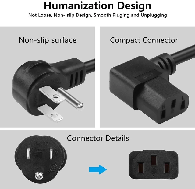 Alt view image 7 of 7 - AJMRTC 3.9FT 18AWG NEMA 5-15P to Left Angle IEC 320 C13 Power Cord, 10A 250V 3 Prong AC Cable, Left-Angled C13 Replacement Cord for PC, Monitor, Printer, Server, UPS, Desktop Computer
