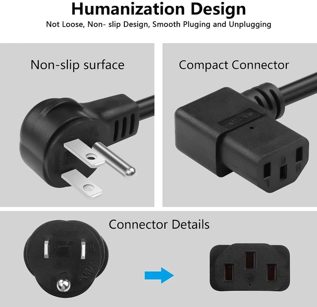 Alt view image 3 of 7 - AJMRTC 3.9FT 18AWG NEMA 5-15P to Right Angle IEC 320 C13 Power Cord, 10A 250V 3 Prong AC Cable, Right-Angled C13 Replacement Cord for PC, Monitor, Printer, Server, UPS, Desktop Computer