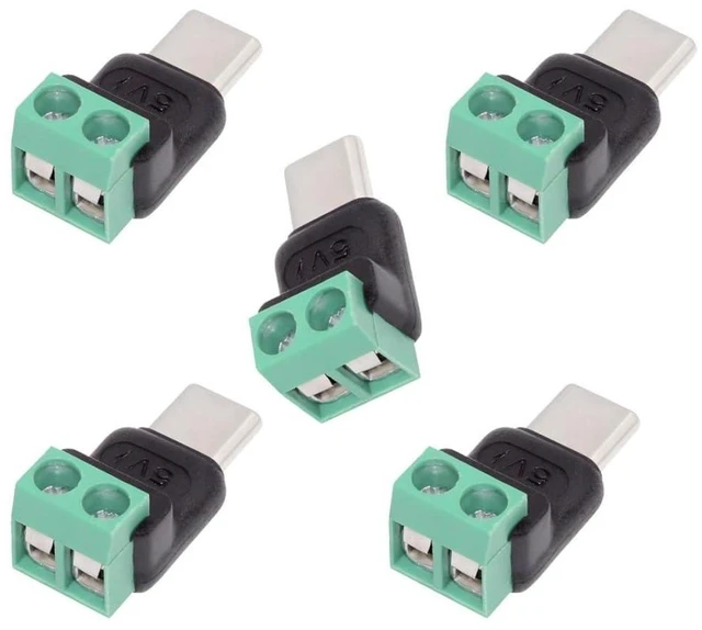 Main image of AJMRTC 5 Pack USB Type-C 2Pin Solderless Plug Connector, 5V 3A USB-C Charging Socket Adapter, No Soldering Required Terminal Connector for Power Bank, Phone, Cooler, Radiator, Small Laptop DIY Project