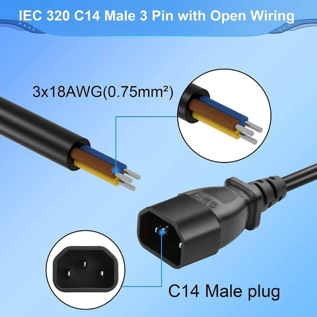 Alt view image 3 of 6 - AJMRTC 3.93FT IEC 320 C14 Male 3 Pin to Stripped Bare Open Wire Power Cord, 18AWG 3-Conductor AC Pigtail Cable, DIY Wiring Lead for Server PSU, Industrial Equipment, Lab Test Bench