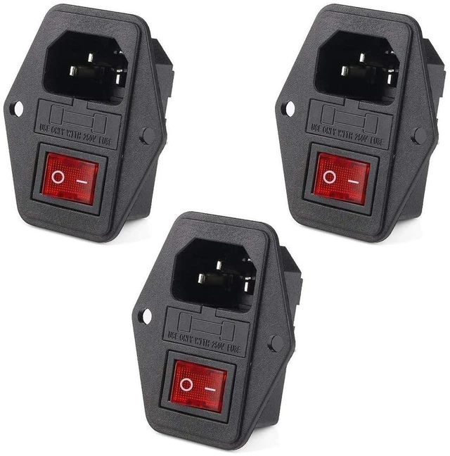 Main image of AJMRTC 3Pcs AC 250V 10A 3 Terminal IEC Power Socket with Fuse Holder & ON/OFF Rocker Switch, Arc Panel Mount Inlet Module for Desktop, Instrument, Power Supply