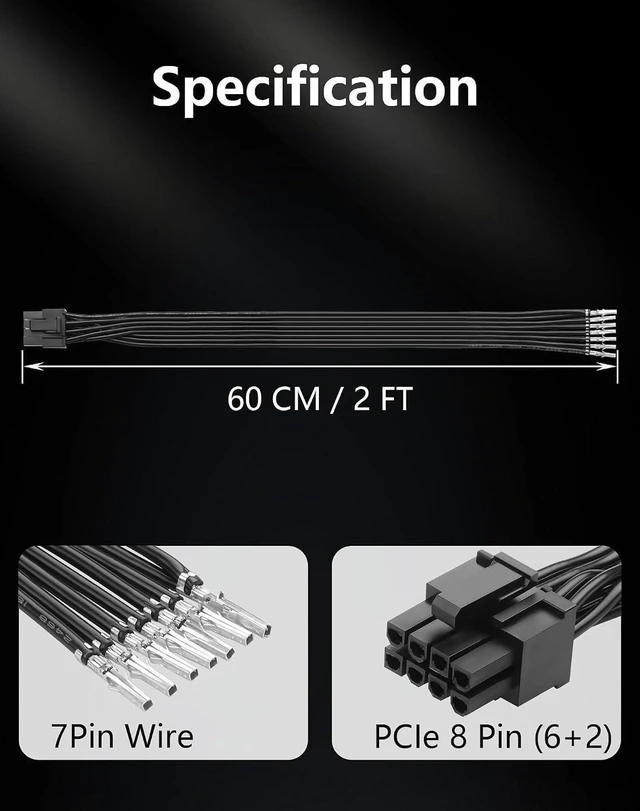 Alt view image 2 of 6 - AJMRTC PCIe 8 Pin 6+2 Male Bare Wire DIY Cable, 5557/5559 8Pin PCIe Power Connector, Modular PSU Wiring Repair Custom Cable for GPU Graphics Card, DIY PC Building