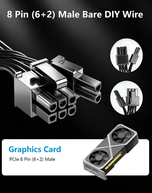 Alt view image 6 of 6 - AJMRTC PCIe 8 Pin (6+2) Male Bare Wire DIY Power Cable with 5557/5559 8Pin Connector, Modular PSU GPU Graphics Card Custom Wiring Harness for PC Mining Computer Build