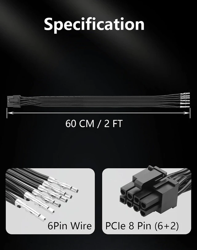 Alt view image 5 of 6 - AJMRTC PCIe 8 Pin (6+2) Male Bare Wire DIY Power Cable with 5557/5559 8Pin Connector, Modular PSU GPU Graphics Card Custom Wiring Harness for PC Mining Computer Build