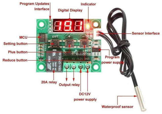 Alt view image 4 of 7 - AJMRTC 2PCS W1209 DC 12V Digital Temperature Controller Board, Micro Digital Thermostat Module with Display, Cooling Heating Control Switch for Incubator Aquarium