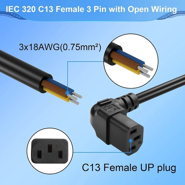 Alt view image 4 of 6 - AJMRTC 3.93FT IEC 320 C13 Female 3 Pin Pigtail Power Cord, 18AWG 3-Conductor C13 to Pre-Stripped Bare Open Wiring Cable, for PSU, Server, PDU, Industrial Cabinet, DIY Electrical Wiring and Equipment