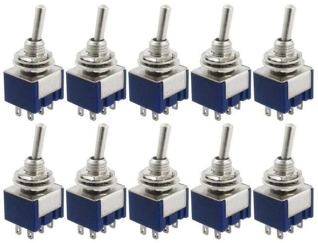 Main image of AJMRTC 10Pcs MTS202 DPDT Toggle Switch, 6 Terminal 2 Position ON/ON Rocker Toggle Switch, 6A 125V AC Double Pole Double Throw Switch for DIY Electronic Circuit, Model Car, Power Control Panel Wiring