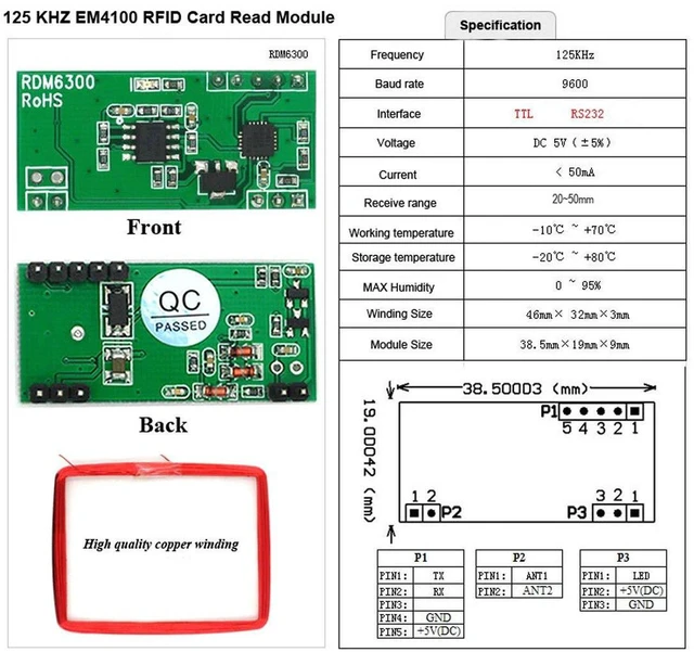 Alt view image 2 of 6 - AJMRTC RDM6300 125KHz RFID Reader Module, EM4100 ID Card Read Module, UART TTL Serial Output Non-contact RFID Detection Board Compatible with Arduino, STM32, Raspberry Pi for Access Control Projects