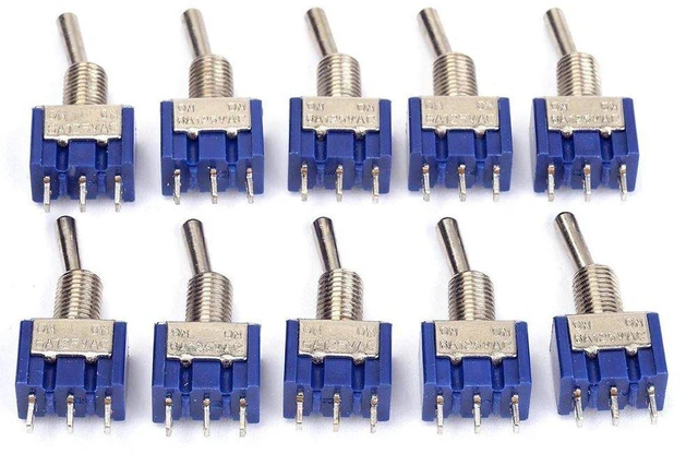 Main image of AJMRTC 10Pcs MTS102 Toggle Switch, SPDT 3 Pin 2 Position ON/ON Mini Rocker Toggle Switch, AC125V 6A for Electronic Circuit DIY and Model Control