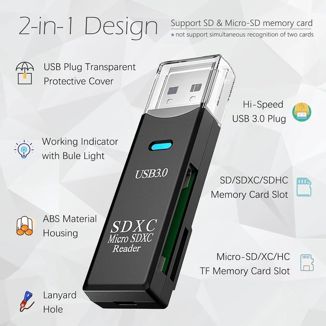 Alt view image 2 of 7 - AJMRTC USB 3.0 2-in-1 SD & Micro SD Card Reader, 5Gbps Super Speed Memory Card Adapter, UHS-I Compatible for SDXC, SDHC, MMC, RS-MMC, Micro SDXC, Micro SDHC, Black, 1 Pack