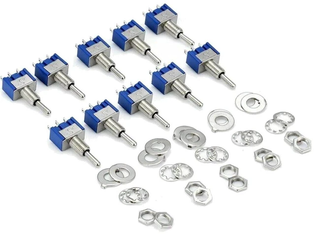 Main image of AJMRTC 10Pcs SPDT Toggle Switch, 3 Pin 3 Position ON-OFF-ON Mini Toggle Switch, 6A 125V / 3A 250V for Electronic Circuit DIY, Model and Panel Control