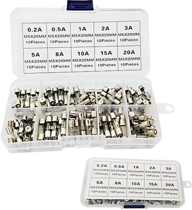 Main image of AJMRTC 100Pcs 5x20mm Fast Blow Glass Tube Fuse Assortment Kit, 0.2A to 20A Mixed Current Rating, 250V Glass Fuses for Car, Power Supply, Electronic Circuit Overload Protection