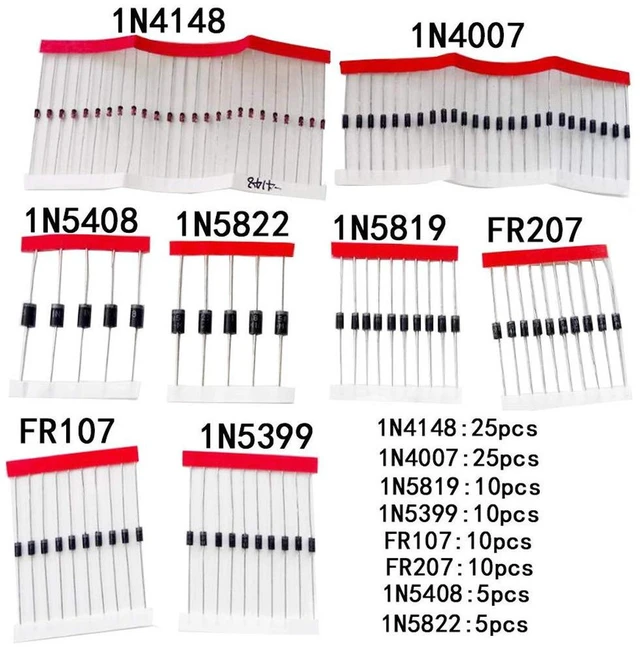 Alt view image 2 of 4 - AJMRTC 100Pcs Diode Assortment Kit, 8 Values Schottky & Fast Recovery Rectifier Diodes 1N4148,1N4007,1N5819,1N5399,1N5408,1N5822,FR107,FR207 for Electronic Repair, Arduino DIY Circuit Project