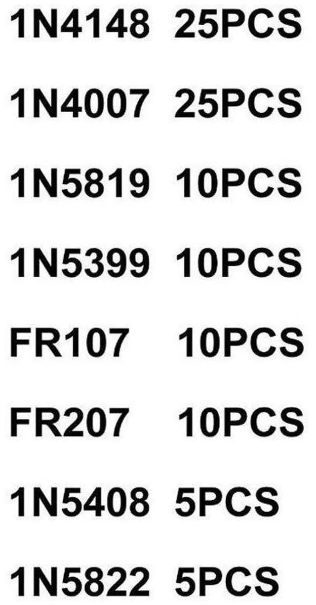 Alt view image 4 of 4 - AJMRTC 100Pcs Diode Assortment Kit, 8 Values Schottky & Fast Recovery Rectifier Diodes 1N4148,1N4007,1N5819,1N5399,1N5408,1N5822,FR107,FR207 for Electronic Repair, Arduino DIY Circuit Project