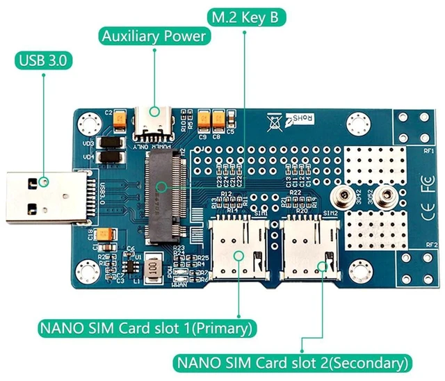Alt view image 7 of 7 - AJMRTC M.2 NGFF Key B to USB 3.0 WWAN Adapter, Dual Nano SIM Card Slots with Auxiliary Power Input, Converter Board for 3G 4G LTE 5G M.2 Module (3042 / 3052)