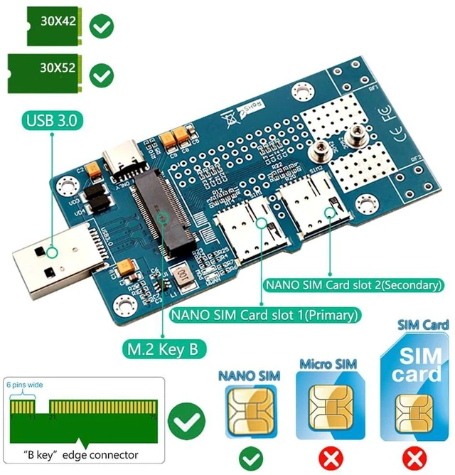 Alt view image 3 of 7 - AJMRTC M.2 NGFF Key B to USB 3.0 WWAN Adapter, Dual Nano SIM Card Slots with Auxiliary Power Input, Converter Board for 3G 4G LTE 5G M.2 Module (3042 / 3052)