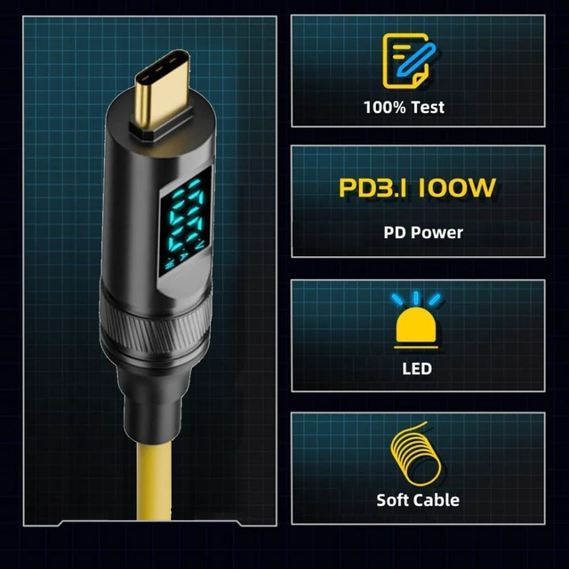 Alt view image 2 of 7 - AJMRTC USB-C to C Digital Tester Cable, 1.0M / 3.28FT, 20Gbps Data, 8K@60Hz Video, 100W PD Fast Charging, Built-in Power Meter Display Cord for Laptop, Dock, SSD, Charger Testing