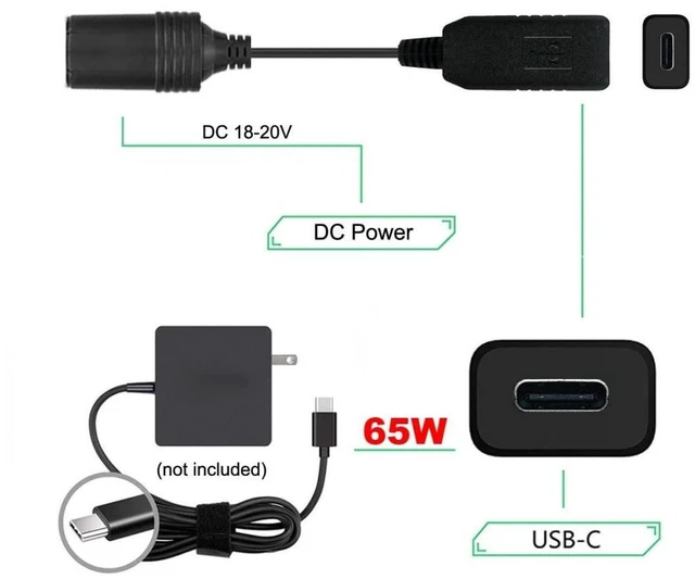 Alt view image 3 of 7 - AJMRTC CY USB C to Cigarette Lighter Receptacle Cable, Built-in PD Trigger Chip, 20V 65W Max Power, Type-C Male to Car Cigarette Lighter Female Socket Power Adapter Cord for Car Air Pump, Dash Cam
