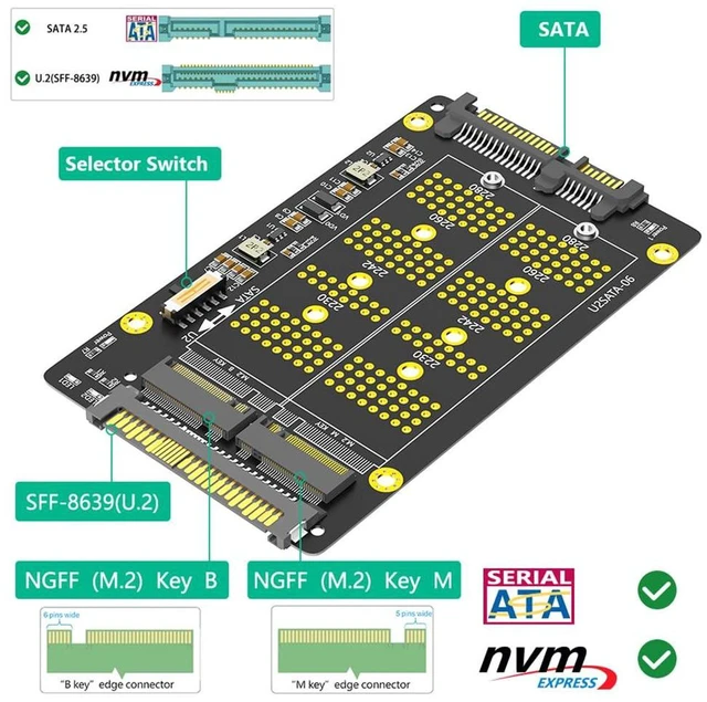 Alt view image 7 of 7 - AJMRTC 2-in-1 M.2 NVMe M-Key & B-Key SATA SSD Adapter, M.2 NGMe SSD to SFF-8639 U.2 + M.2 SATA to SATA Converter, Supports 2230 2242 2260 2280 SSD for Server, PC Storage Upgrade