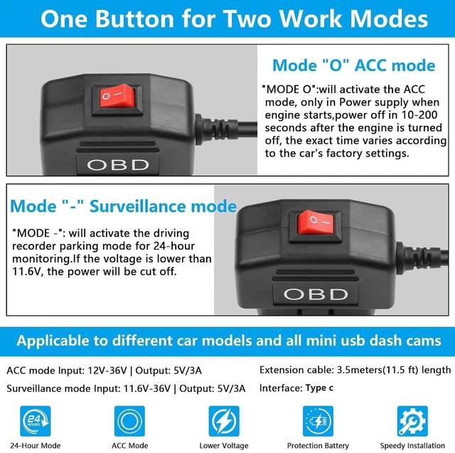 Alt view image 7 of 7 - AJMRTC OBD2 to USB-C Hardwire Charging Cable, 24H Parking Monitor OBD Power Adapter Cord, Auto Low Voltage Cutoff, 12V/24V Input to 5V Output for Dash Cam, GPS, Driving Recorder