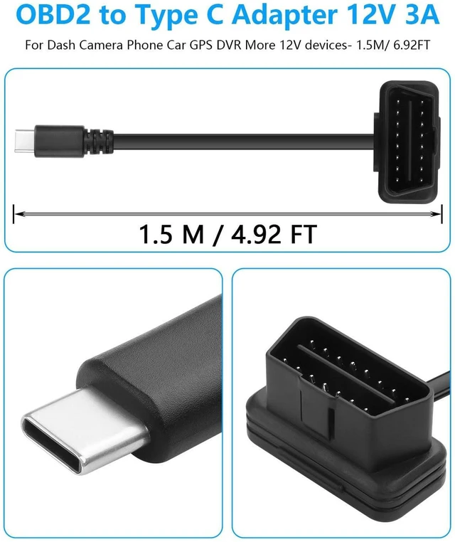Alt view image 3 of 7 - AJMRTC Right Angle OBD2 to Type C Power Cable, OBD II 16Pin Male to USB-C Adapter, 12V 3A Output, 90 Degree L-Shape Connector for Dash Cam, GPS Tracker, Car Electronics