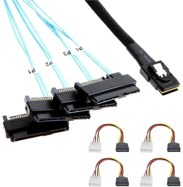 Main image of AJMRTC Mini SAS SFF-8087 36Pin to 4 x SFF-8482 SAS Hard Drive Fanout Cable, 0.5M, with IDE 4Pin Power Connector for RAID HBA Controller Server Storage
