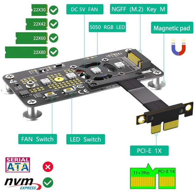 Alt view image 7 of 7 - AJMRTC M.2 NGFF M-Key to PCI-E X1/X4 Extension Riser Cable, PCIe3.0, with Cooling Fan & Auto Color Changing LED, 10CM for 2242/2260/2280 NVMe SSD, Desktop PC Storage Adapter