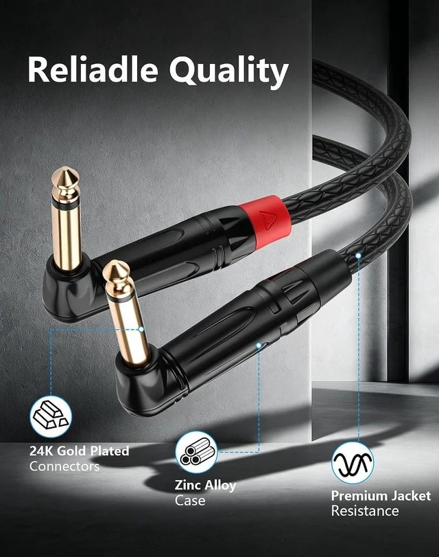 Alt view image 6 of 7 - AJMRTC 3.5mm TRS to Dual 6.35mm TS Mono Y Splitter Cable, 1/8" Stereo Male to Two 90 Degree 1/4" Mono TS Plugs, Stereo Breakout Audio Cord for Audio Interface, Mixer, Amplifier, Keyboard