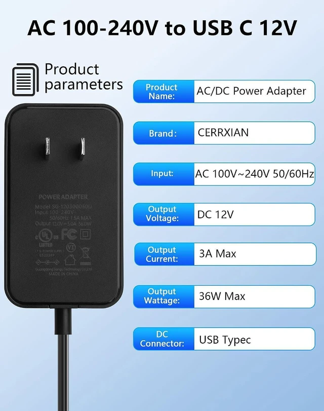 Alt view image 7 of 7 - AJMRTC 12V 3A AC to USB-C Power Adapter, AC 100-240V to 12V Type-C Transformer Charger for LED Strip, Camera, Router, Small Electronic Devices