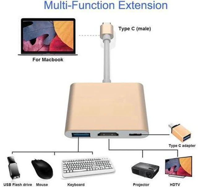 Alt view image 3 of 6 - AJMRTC 3 in 1 USB 3.1 Type-C Multiport Hub Adapter Cable, 4K HDMI + USB3.0 + USB-C PD Pass-Through Port, Portable Multiport Dongle Compatible with Apple MacBook, USB-C Laptops