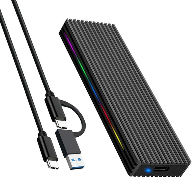Main image of AJMRTC M.2 M Key SSD Enclosure, Dual Protocol NVMe & NGFF SATA, USB3.1 Gen2 10Gbps / 5Gbps, Aluminum Alloy Portable External Case with RGB Light, Black, Comes with USB-C to C and USB-C to A Cables