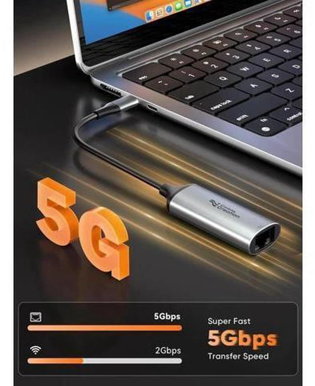 Alt view image 2 of 6 - AJMRTC 5Gbps USB C to RJ45 Ethernet Adapter, Type-C 5GbE LAN Network Adapter, Thunderbolt 3/4 Compatible for Laptop, MacBook, NAS, Gaming, Video Editing