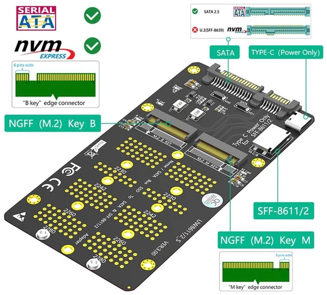 Alt view image 4 of 7 - AJMRTC M.2 NVMe / SATA-Bus SSD to SFF-8611 SFF-8612 & SATA Extension Adapter Card, USB-C Power Supply, Compatible with M.2 2230 2242 2260 2280 SSD for OCuLink, Storage Workstation, Server, DIY Build
