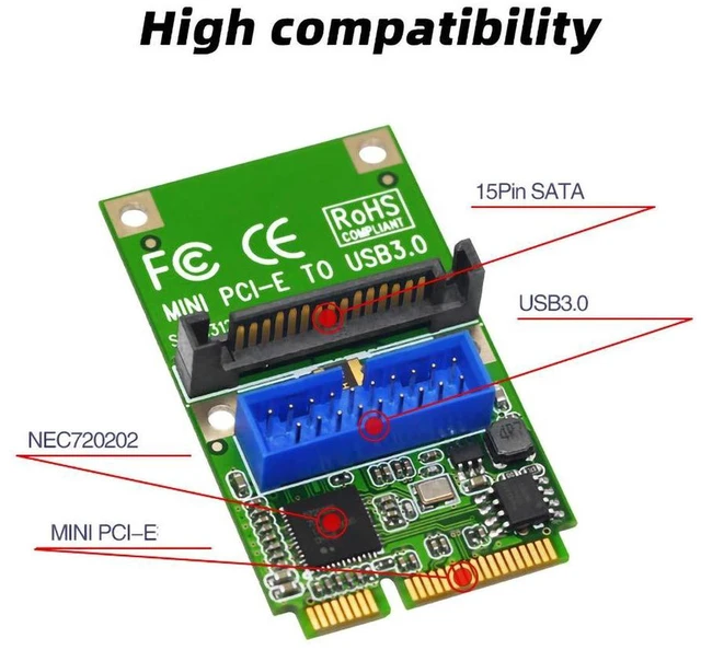 Alt view image 2 of 5 - AJMRTC Mini PCI-E to USB 3.0 Expansion Adapter Card, Mini PCI Express to 19-Pin / 20Pin USB3.0 Internal Header Converter with 15Pin SATA Auxiliary Power Port for Desktop PC, Embedded System Front Pane