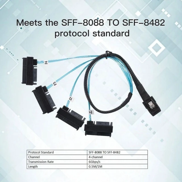 Alt view image 3 of 7 - AJMRTC 1M Mini SAS SFF-8087 36Pin Breakout Cable, SFF-8087 Host to 4 SFF-8482 SAS Target Drives with Separate Power, 6Gbps Internal Fanout Cable for RAID Controller, Server Storage Backplane, JBOD