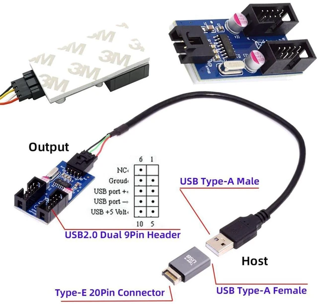 Alt view image 4 of 7 - AJMRTC USB 2.0 Motherboard Front Panel Header Splitter Cable, 9Pin /10Pin 1-to-2 Internal Hub with USB Type-E Converter, Internal Extension Adapter for PC Chassis Front I/O