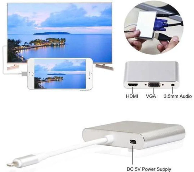 Alt view image 6 of 6 - AJMRTC Lightning to HDMI VGA Audio Adapter, 2-in-1 Digital AV Converter with USB Power Cable, Screen Mirroring for iPhone iPad, Support 1080P Output to TV Monitor Projector