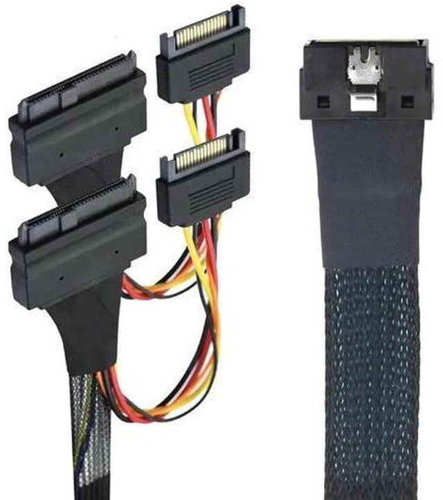 Alt view image 4 of 6 - AJMRTC LP Low Profile SlimSAS SFF-8654 8i 74Pin to Dual SFF-8639 U.2 with 15Pin SATA Power Cable, 32AWG PCIe 4.0 High Speed NVMe SSD Splitter Cable for Server, RAID HBA, Backplane