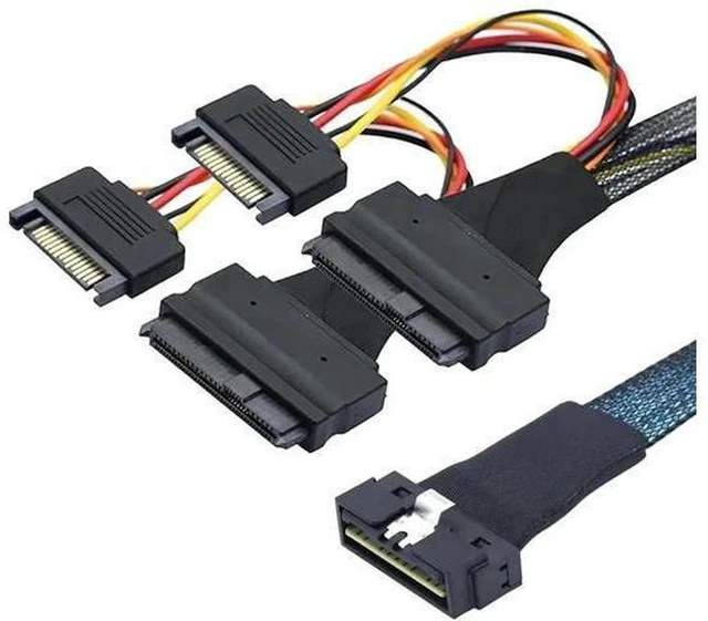 Alt view image 5 of 6 - AJMRTC LP Low Profile SlimSAS SFF-8654 8i 74Pin to Dual SFF-8639 U.2 with 15Pin SATA Power Cable, 32AWG PCIe 4.0 High Speed NVMe SSD Splitter Cable for Server, RAID HBA, Backplane