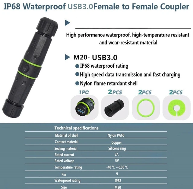 Alt view image 6 of 7 - AJMRTC IP68 Waterproof M20 Locking USB3.0 Type-A Female to Female Coupler, 5Gbps High Speed Panel Mount USB Extension Adapter for Outdoor Industrial, CCTV, Marine, IoT Equipment