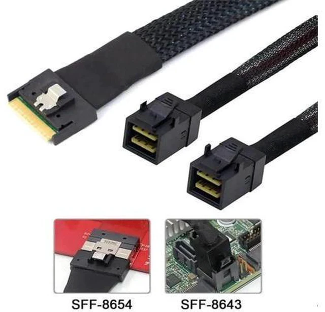 Alt view image 5 of 6 - AJMRTC SlimSAS SFF-8654 8i PCIe4.0 to Dual Mini SAS HD SFF-8643 Breakout Cable, 32AWG 24Gbps EMI Shielded High Speed Cord for Server RAID HBA, NVMe SSD, Storage Backplane