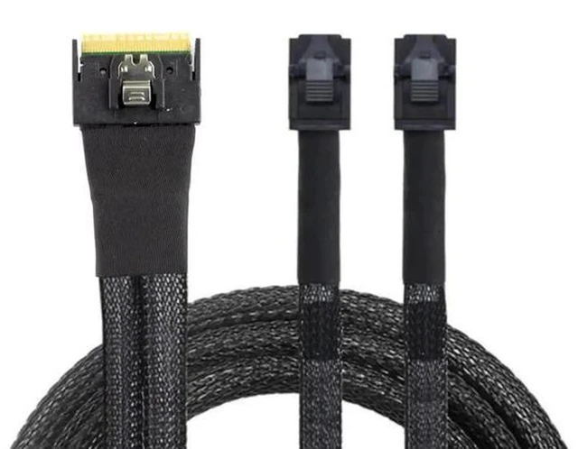 Alt view image 3 of 6 - AJMRTC SlimSAS SFF-8654 8i PCIe4.0 to Dual Mini SAS HD SFF-8643 Breakout Cable, 32AWG 24Gbps EMI Shielded High Speed Cord for Server RAID HBA, NVMe SSD, Storage Backplane
