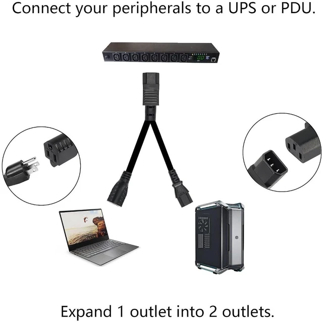 Alt view image 5 of 7 - AJMRTC 1ft IEC320 C14 Male to C13 + NEMA 5-15R Y Splitter Power Cord, 18AWG 10A 250V AC Dual Output Cable for Server, PDU, UPS, Industrial Equipment