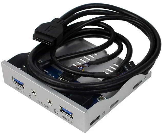 Alt view image 2 of 6 - AJMRTC 3.5 Inch Floppy Bay Front Panel Hub, 2-Port USB3.0 5Gbps, HD Audio Earphone & Mic Connector, 19Pin Header Cable, Silver White Bracket for Desktop PC