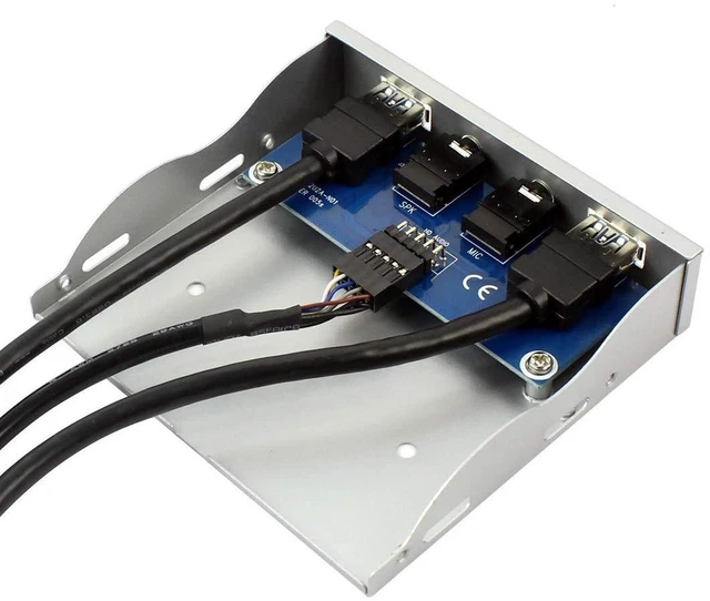 Alt view image 3 of 6 - AJMRTC 3.5 Inch Floppy Bay Front Panel Hub, 2-Port USB3.0 5Gbps, HD Audio Earphone & Mic Connector, 19Pin Header Cable, Silver White Bracket for Desktop PC