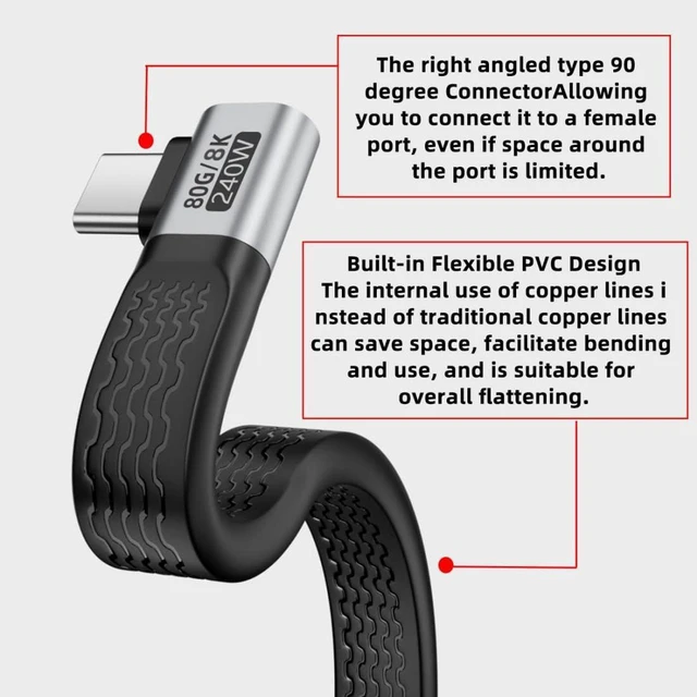 Alt view image 7 of 7 - AJMRTC 5.12 Inch Dual 90 Degree Angled USB C Short Flat Cable, PD 240W Charging, 80Gbps Data, 16K@30Hz Video, OTG, Compatible with Thunderbolt 3 / 4