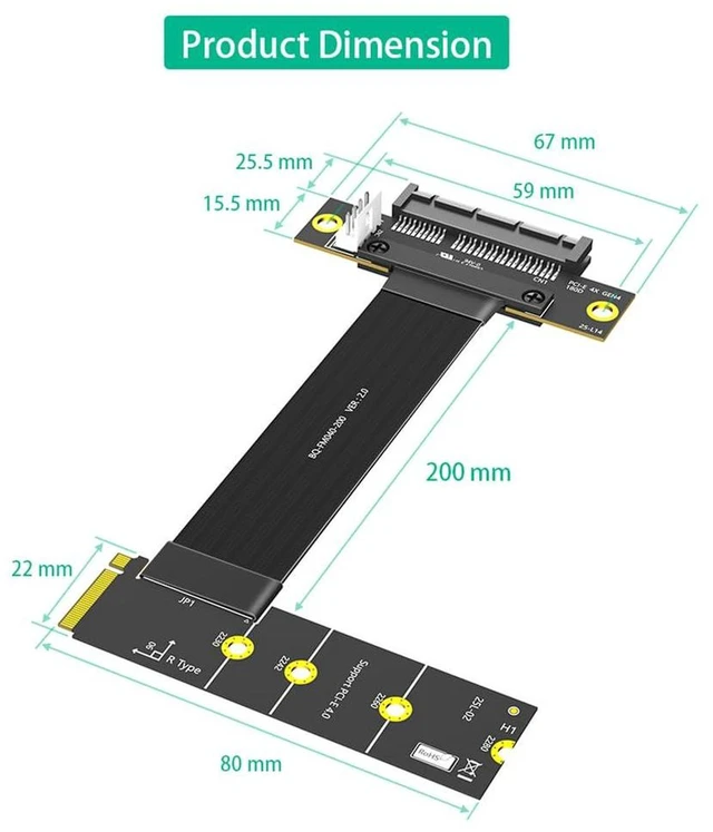 Alt view image 2 of 7 - AJMRTC PCIe 4.0 X4 to M.2 Key M Extension Cable, 20cm, PCIe X4 180° Straight Connector with Right-Angle M Key, Compatible with PCIe4.0 NVMe 2280 SSD for Desktop Storage Relocation