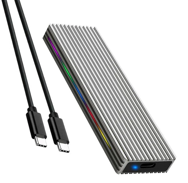 Main image of AJMRTC M.2 M Key NVMe SSD Enclosure, USB3.1 10Gbps /5Gbps, USB-C to C Portable External Storage Case, Aluminum Alloy Shell with RGB Light, Silver, Supports NGFF NVMe Protocol